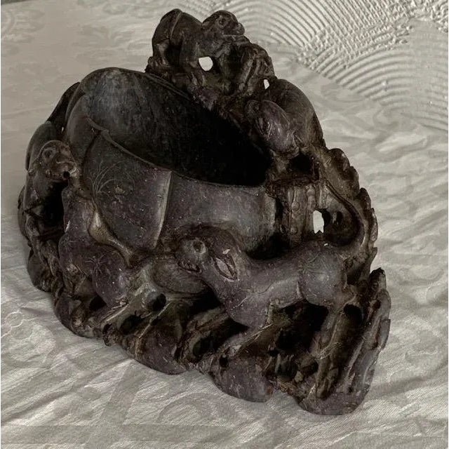Chinese Antique Carved Dogs Soapstone Brush Washer & Stand For Sale - Image 4 of 11