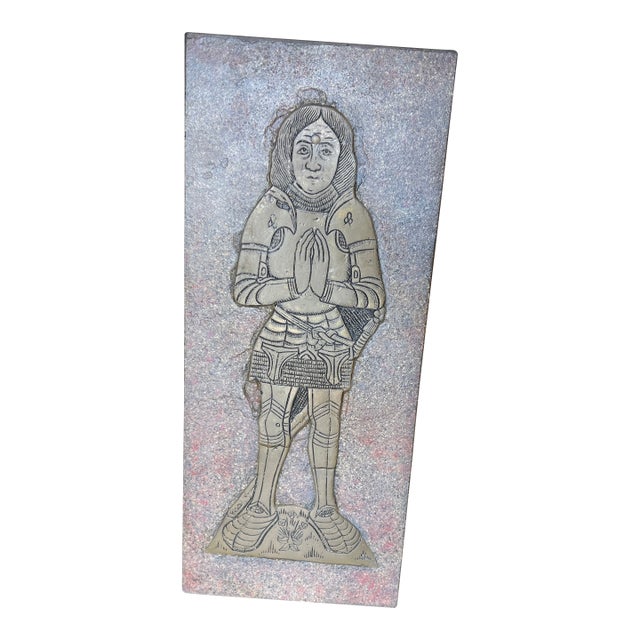 Vintage Medieval Knight Faux Stone Brass Rubbing Style Wall Plaque For Sale