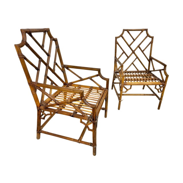 Hollywood Regency Vintage Bamboo & Rattan Arm Chairs - Set of 2 For Sale - Image 3 of 11