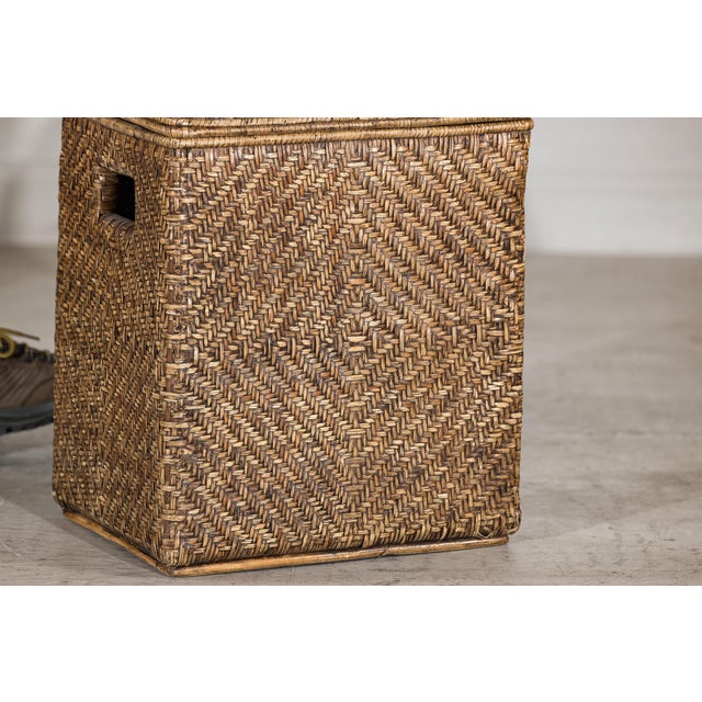 Vintage Rattan Over Wood Storage Basket with Removable Lid and Side Handles For Sale - Image 17 of 17