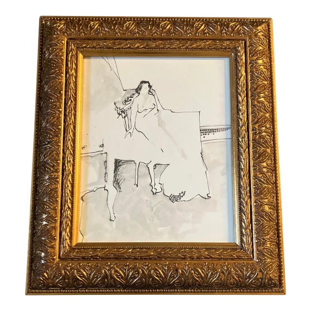 1960’s Original Abstract Female Nude in Interior Ink Drawing/Watercolor Ornate Gold Frame For Sale