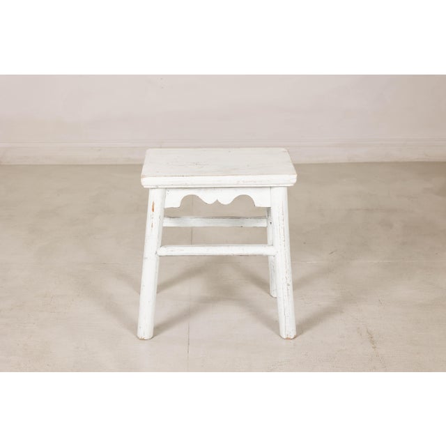 Vintage Chinese Rustic Country Style White Painted Wooden Stool For Sale - Image 9 of 16