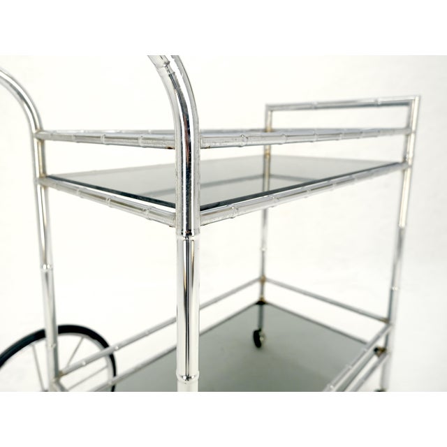 Italian Chrome Faux Bamboo Smoked Glass Two Tiers Serving Cart Bar Table MINT