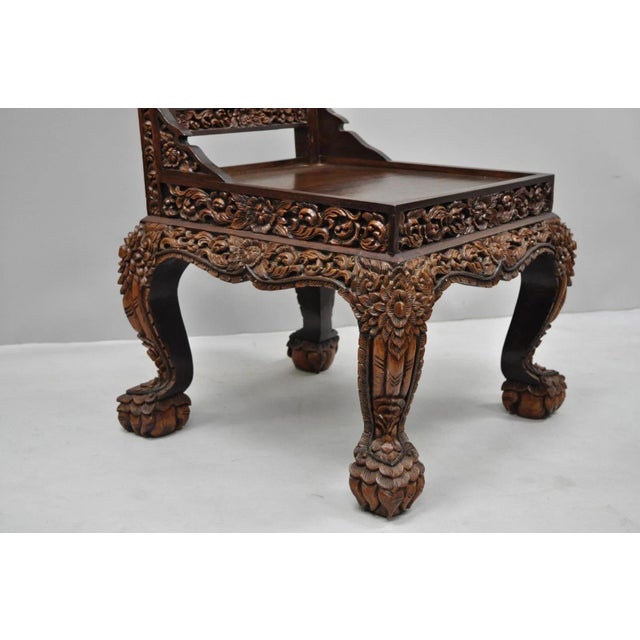 Vintage Chinoiserie Thai Oriental Carved Teak Wood Dining Side Chairs - A Pair For Sale - Image 9 of 12