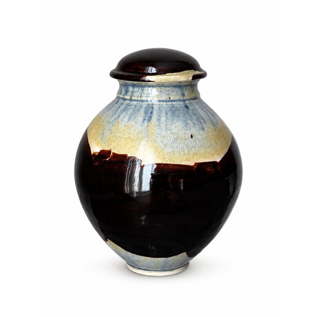 Mid-Century Modern 1980s Signed Studio Pottery Covered Jar With Brown, Blue & Cream Glaze For Sale - Image 3 of 9