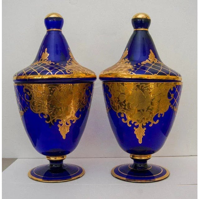 1960s 1960s Cobalt Blue & Gold Murano Glass Urns - a Pair For Sale - Image 5 of 6
