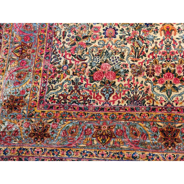 Vintage Oversized Persian Kerman Lavar Rug, Hand-Knotted Wool, Allover Floral Vase Pattern, Ivory & Turquoise, 9’ X 14’ For Sale - Image 17 of 18