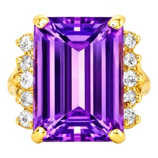 14K Yellow Gold Diamond Amethyst Antique Statement Ring, Size 5.5 For Sale