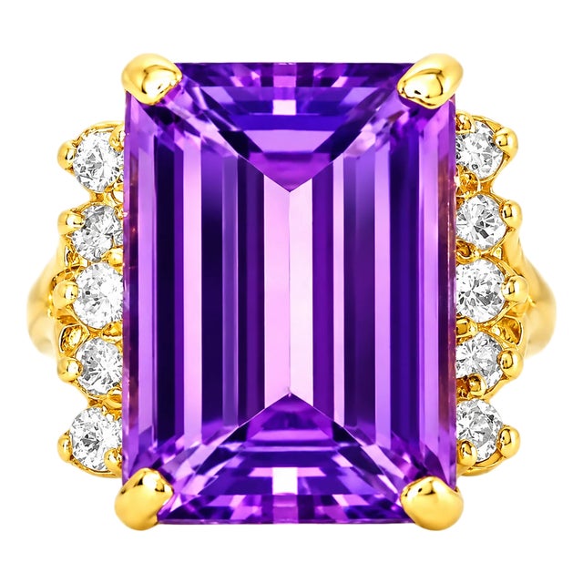 14K Yellow Gold Diamond Amethyst Antique Statement Ring, Size 5.5 For Sale