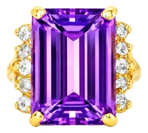 14K Yellow Gold Diamond Amethyst Antique Statement Ring, Size 5.5