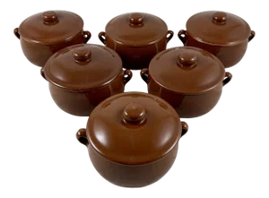 Mid-Century Pfaltzgraff Pottery Lidded Onion Soup Au Gratin Casseroles, Set/6