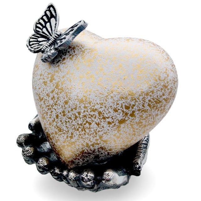 Heart Cremation Urn for Ashes With Butterfly, Small Keepsake Memorial Urn for Human or Pet Ashes, White Gold Decorative Remembrance Urn For Sale - Image 9 of 11