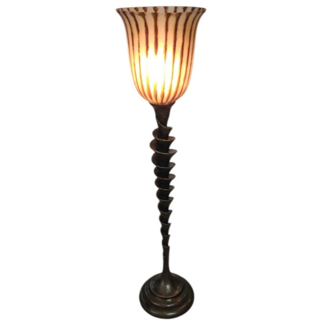 Spiral Cut Bronze Toned Torchiere Buffet Lamps With Tiger Striped Amber Glass Shades - A Pair For Sale - Image 9 of 13