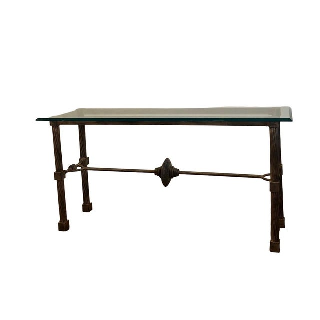 Vintage Patina Bronze Metal Console Side Table With Thick Beveled Glass Top For Sale - Image 12 of 12