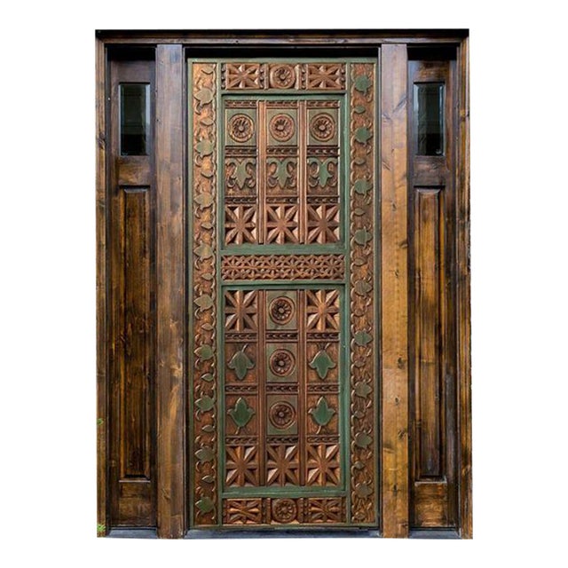 Hand-Carved Solid Wood Entry Door – Mediterranean Moroccan Tribal Pattern With Green Inlay Accents For Sale