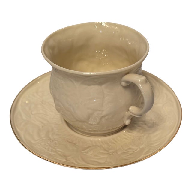 Antique Belleek Ireland Cup & Saucer, 1926–1946 Black Mark, Relief Pattern, Gold Rim For Sale