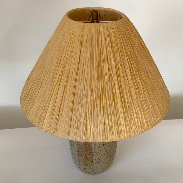 Contemporary Vintage Signed Ceramic Table Lamp With Handmade Raffia Shade For Sale - Image 3 of 10