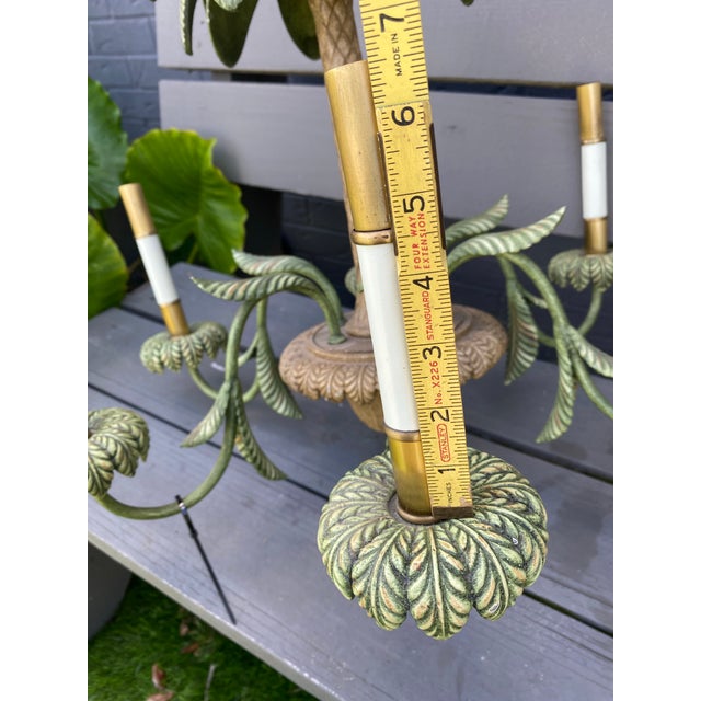 1980s Vintage Tole Metal Palm Beach Tropical Hollywood Regency-Style Tole Palm Tree Chandelier Featuring Green-Painted Metal Fronds and Faux-Candle Arms For Sale - Image 5 of 12