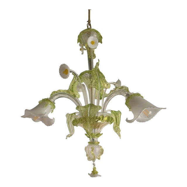 Floral and Green Leaf Milky “Calle” Glass Chandelier For Sale