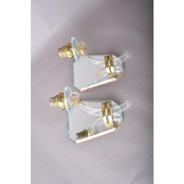 Art Deco French Mirrored Glass and Brass Wall Sconces, 1940s, Set of 2 For Sale - Image 9 of 17