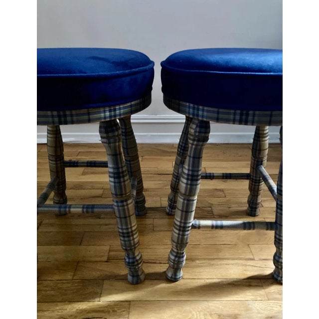 Wood Plaid Custom Upholstered Low Wooden Stools- a Pair For Sale - Image 7 of 13