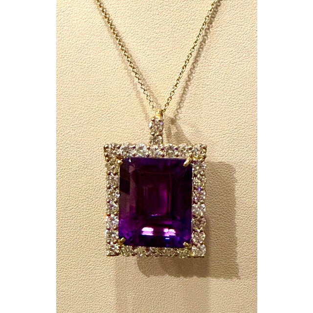 58 Ct Emerald Cut Amethyst & 7 Ct Diamond Pendant Necklace 14KY Gold + Chain For Sale - Image 9 of 18
