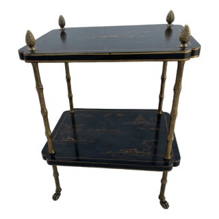 1970s Hollywood Regency Black Lacquer and Gilt Chinoiserie Side Table With Brass Faux Bamboo Frame For Sale