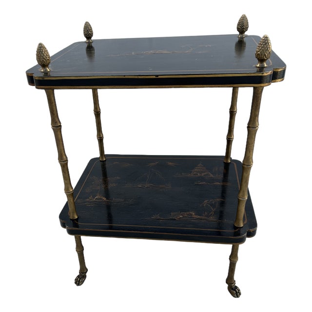 1970s Hollywood Regency Black Lacquer and Gilt Chinoiserie Side Table With Brass Faux Bamboo Frame For Sale