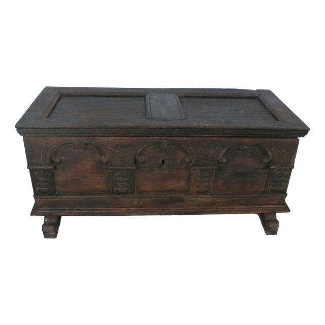 Antique German Dark Oak Trunk For Sale