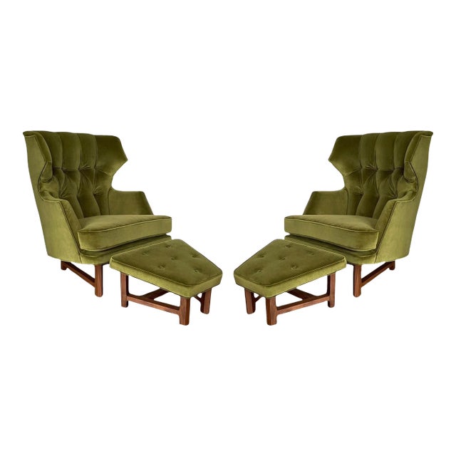 Janus Wing Chairs with Ottomans by Edward Wormley for Dunbar - 4 Pieces For Sale