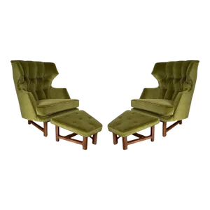 Janus Wing Chairs with Ottomans by Edward Wormley for Dunbar - 4 Pieces