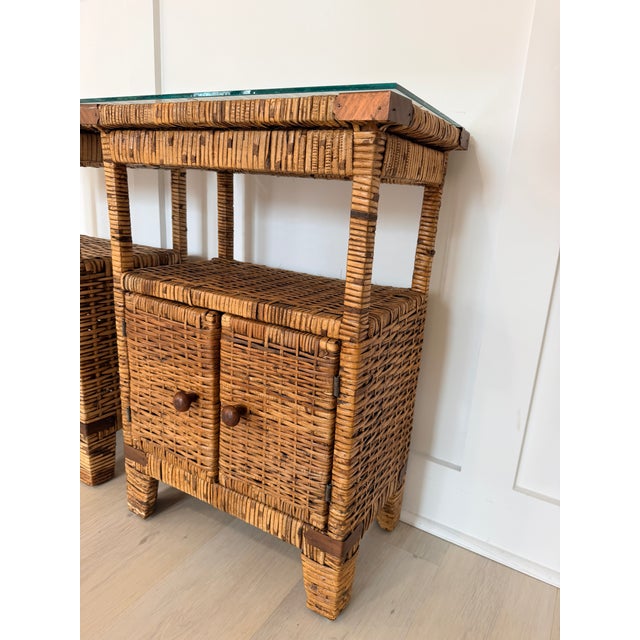 Boho Chic Vintage Rattan Nightstands with Custom Glass Top, Pair For Sale - Image 3 of 6