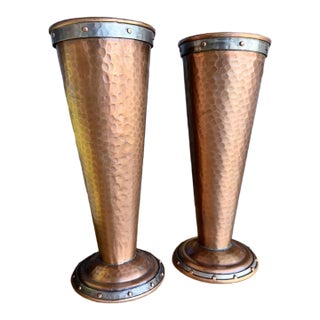 Antique Arts & Crafts Riveted Copper Trumpet Vases Pair Joseph Heinrichs Benedict Art Studio Attr. For Sale