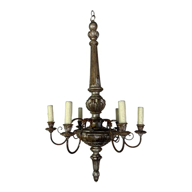 Early 20th Century Italian Silvered Wood and Iron Six-Light Chandelier For Sale