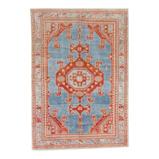 1940s Vintage Medallion Blue Brick Red Hand-Knotted Rug - 4’3” X 6’1” For Sale