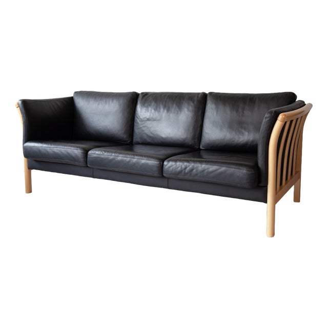 Vintage Danish Three-Seater Sofa in Black Leather, 1970s For Sale