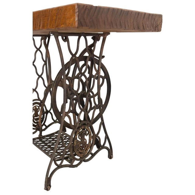 1960s Vintage French Wrought Iron and Oak Side Table with Sewing Machine Base, 1960s For Sale - Image 5 of 10