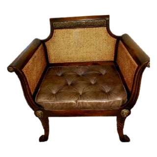 Early 19th Century Regency Style Mahogany and Cane Bergere Armchair With Leather Tufted Cushion For Sale