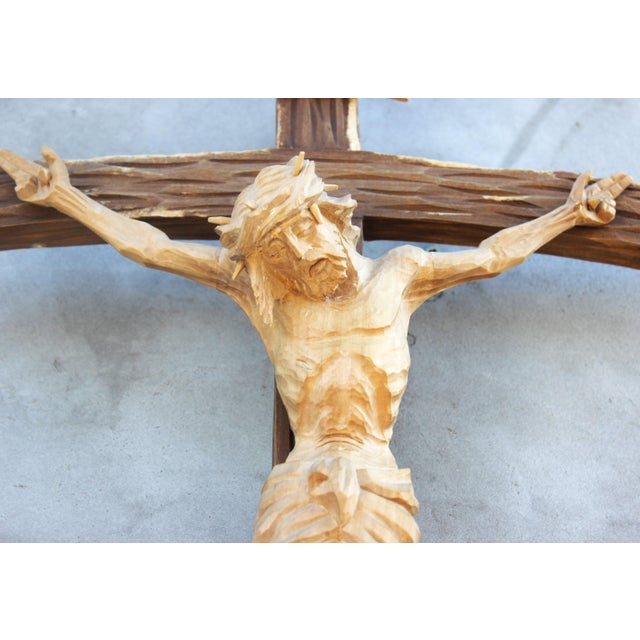 Large Hand Carved Wooden Crucifix, 1960s For Sale - Image 4 of 14