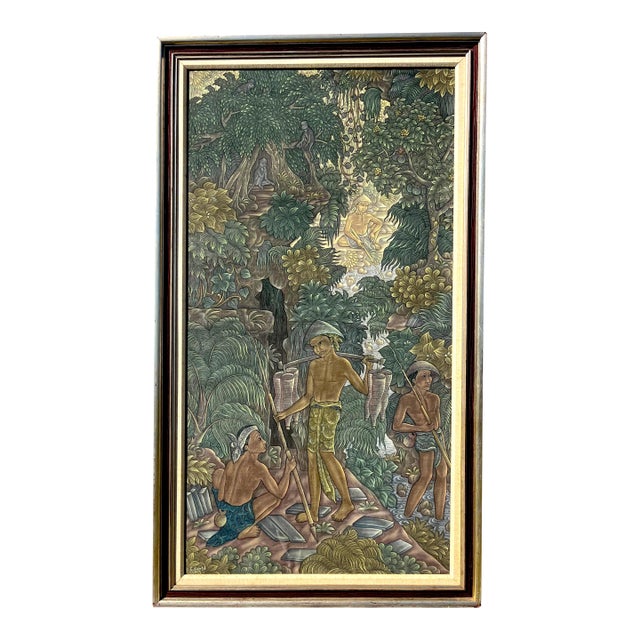 1950s Large Traditional Balinese Framed Silk Signed Ubud Painting For Sale