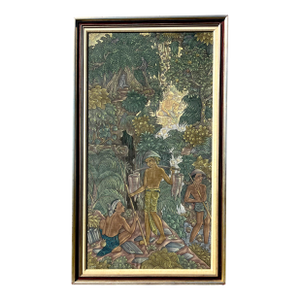 1950s Large Traditional Balinese Framed Silk Signed Ubud Painting