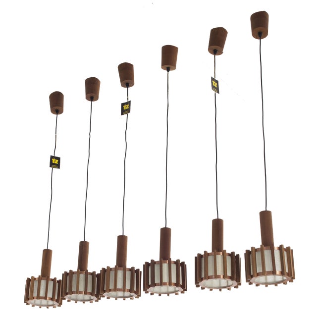 Mid-Century Scandinavian Ceiling Lamps in Teak & Copper, 1960s, Set of 6 For Sale