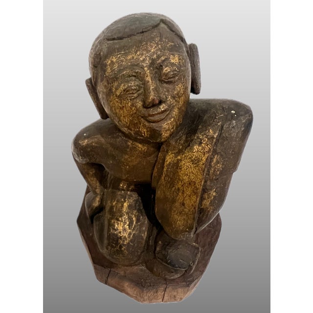 Late 19th Century Late 19th Century Antique Wood Hand Carved Burmese Monk Figure With Gilding For Sale - Image 5 of 12