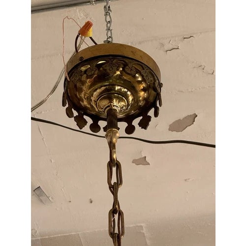 Antique Brass Neo Gothic Three Green Globe Ceiling Pendant Light Rewired For Sale In Minneapolis - Image 6 of 10