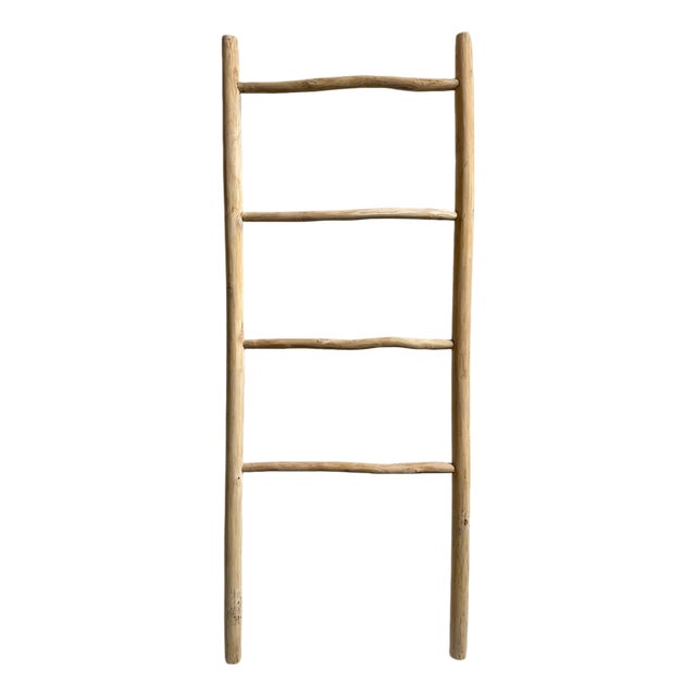 Organic Modern Teak Raw Wood Display Ladder For Sale