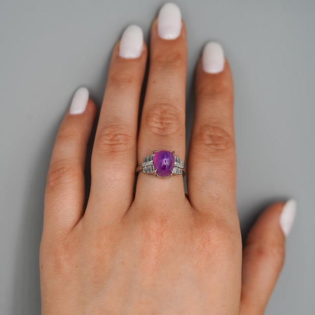 Purple Vintage No Heat 7 Carat Purplish Pink Star Sapphire Platinum Art Deco Ring, Size 6.25 For Sale - Image 8 of 11