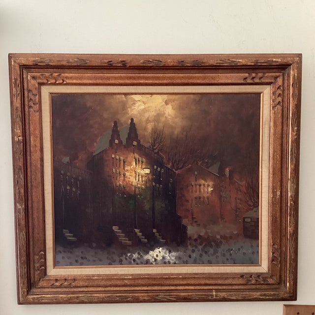 Vintage Oil Painting on Canvas "City Motif at Dusk" Signed Framed For Sale - Image 12 of 12