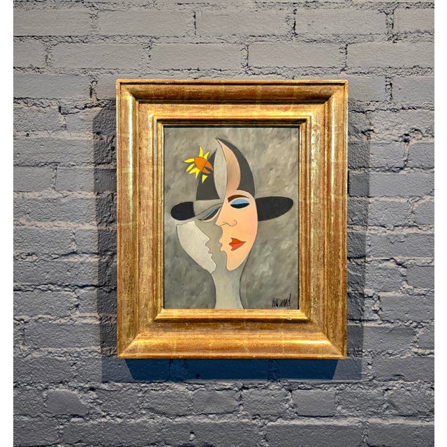 French Phillipe Marchand -Surrealist Portrait of a Man Kissing a Woman-Oil Painting For Sale - Image 3 of 10