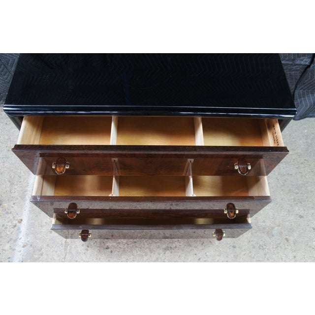 1980s Henredon Scene Three Art Deco Style Walnut Burl Black Lacquer Chest of Drawers For Sale - Image 9 of 15