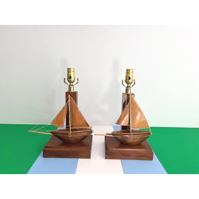 Mid 20th Century 1960s Wood Sailboat Lamps, Pair For Sale - Image 5 of 18